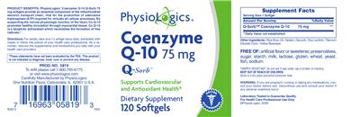 Photo of the PhysioLogics Coenzyme Q-10 75 mg label