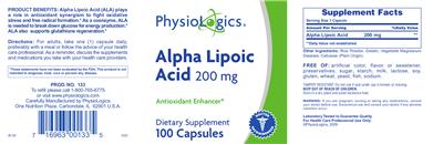 Photo of the PhysioLogics Alpha Lipoic Acid 200 mg label