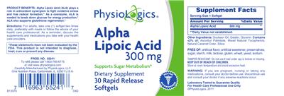Photo of the PhysioLogics Alpha Lipoic Acid 300 mg label