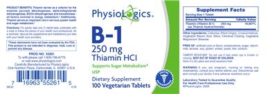 Photo of the PhysioLogics B-1 250 mg Thiamin HCl label