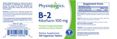 Photo of the PhysioLogics B-2 Riboflavin 100 mg label