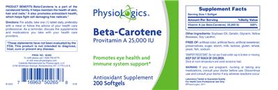 Photo of the PhysioLogics Beta-Carotene Provitamin A 25,000 IU label