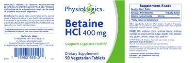 Photo of the PhysioLogics Betaine HCl 400 mg label