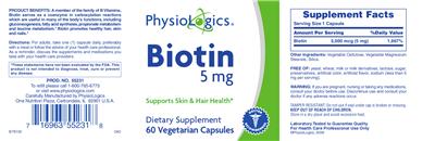 Photo of the PhysioLogics Biotin 5 mg label