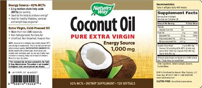 Photo of the Nature's Way Coconut Oil Pure Extra Virgin 1,000 mg label