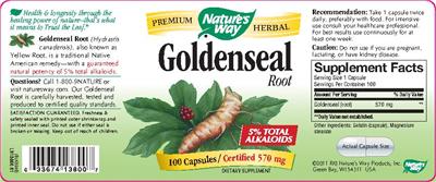 Photo of the Nature's Way Goldenseal Root 570 mg label