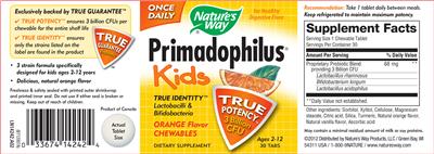 Photo of the Nature's Way Primadophilus Kids Orange Flavor Chewables label