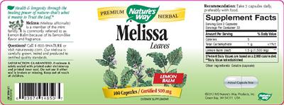 Photo of the Nature's Way Melissa Leaves label