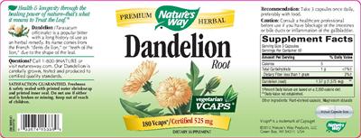 Photo of the Nature's Way Dandelion Root label