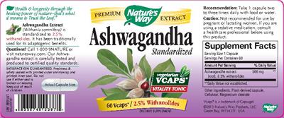 Photo of the Nature's Way Ashwagandha Standardized label