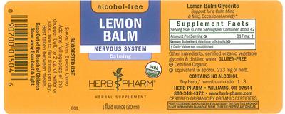 Photo of the Herb Pharm Lemon Balm Alcohol-Free label