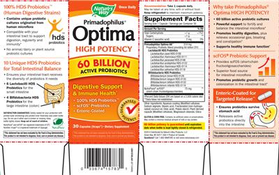 Photo of the Nature's Way Primadophilus Optima 60 Billion High Potency label
