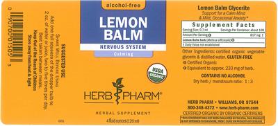 Photo of the Herb Pharm Lemon Balm Alcohol-Free label