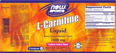Photo of the NOW Sports L-Carnitine Liquid 1000 mg Tropical Punch Flavor label
