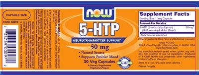 Photo of the NOW 5-HTP 50 mg label