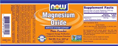 Photo of the NOW Magnesium Oxide label