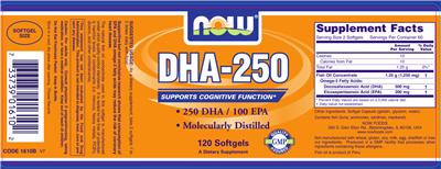 Photo of the NOW DHA-250 label