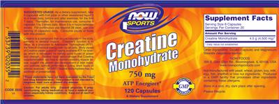 Photo of the NOW Sports Creatine Monohydrate 750 mg label