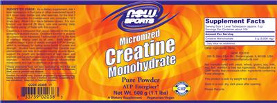 Photo of the NOW Sports Micronized Creatine Monohydrate label