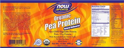 Photo of the NOW Sports Organic Pea Protein Natural Unflavored label