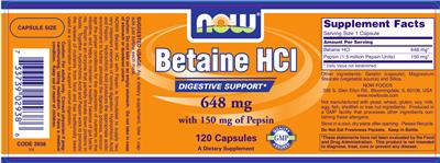 Photo of the NOW Betaine HCl 648 mg with 150 mg Of Pepsin label
