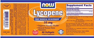 Photo of the NOW Lycopene 10 mg label