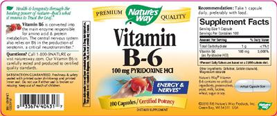 Photo of the Nature's Way Vitamin B-6 100 mg label