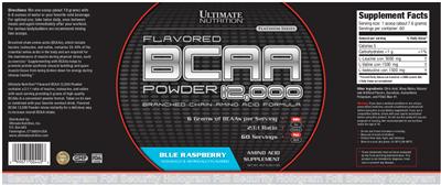 Photo of the Ultimate Nutrition Platinum Series BCAA 12,000 Flavored Powder Blue Raspberry label