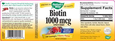 Photo of the Nature's Way Biotin 1000 mcg Once Daily Cherry Flavor label
