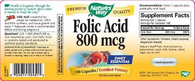Photo of the Nature's Way Folic Acid 800 mcg label