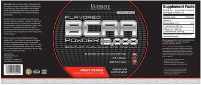 Photo of the Ultimate Nutrition Platinum Series BCCA 12,000 Flavored Powder Fruit Punch label