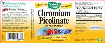 Photo of the Nature's Way Chromium Picolinate 200 mcg label