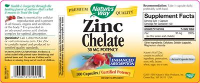 Photo of the Nature's Way Zinc Chelate label