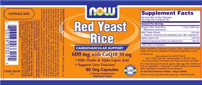 Photo of the NOW Red Yeast Rice 600 mg With CoQ10 30 mg label