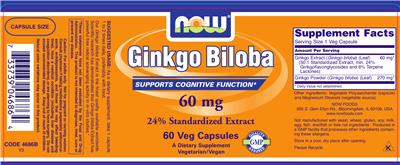 Photo of the NOW Ginkgo Biloba 60 mg label