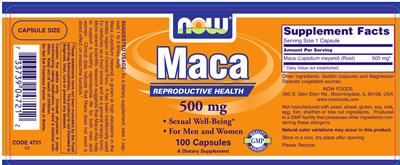 Photo of the NOW Maca 500 mg label