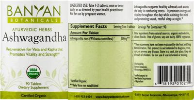 Photo of the Banyan Botanicals Ashwagandha Tablets label