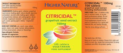 Photo of the Higher Nature Citricidal Grapefruit Seed Extract 100 mg label