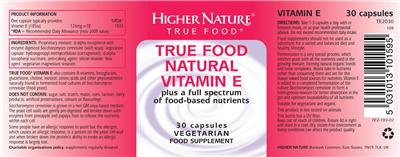 Photo of the Higher Nature True Food Natural Vitamin E label