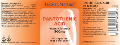 Photo of the Higher Nature Pantothenic Acid 500 mg label