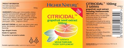Photo of the Higher Nature Citricidal Grapefruit Seed Extract 100 mg label