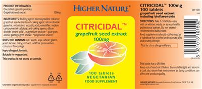 Photo of the Higher Nature Citricidal Grapefruit Seed Extract 100 mg label