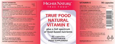 Photo of the Higher Nature True Food Natural Vitamin E label