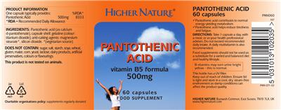 Photo of the Higher Nature Pantothenic Acid 500 mg label