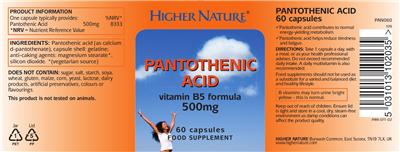 Photo of the Higher Nature Pantothenic Acid 500 mg label