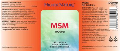 Photo of the Higher Nature MSM 1000 mg label