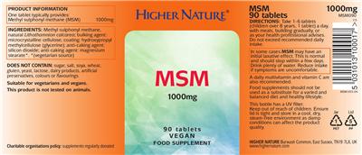Photo of the Higher Nature MSM 1000 mg label
