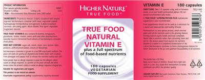 Photo of the Higher Nature True Food Natural Vitamin E label
