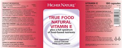 Photo of the Higher Nature True Food Natural Vitamin E label