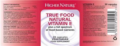 Photo of the Higher Nature True Food Natural Vitamin E label